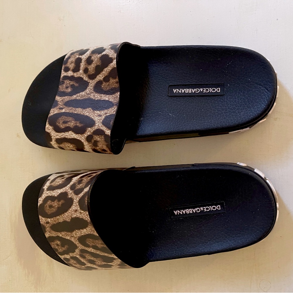 Dolce & Gabbana Leopard Print Slide Sandals in Black and Tan